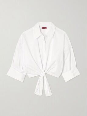 STAUD White Lisa Tie-Front Cotton Poplin Blouse